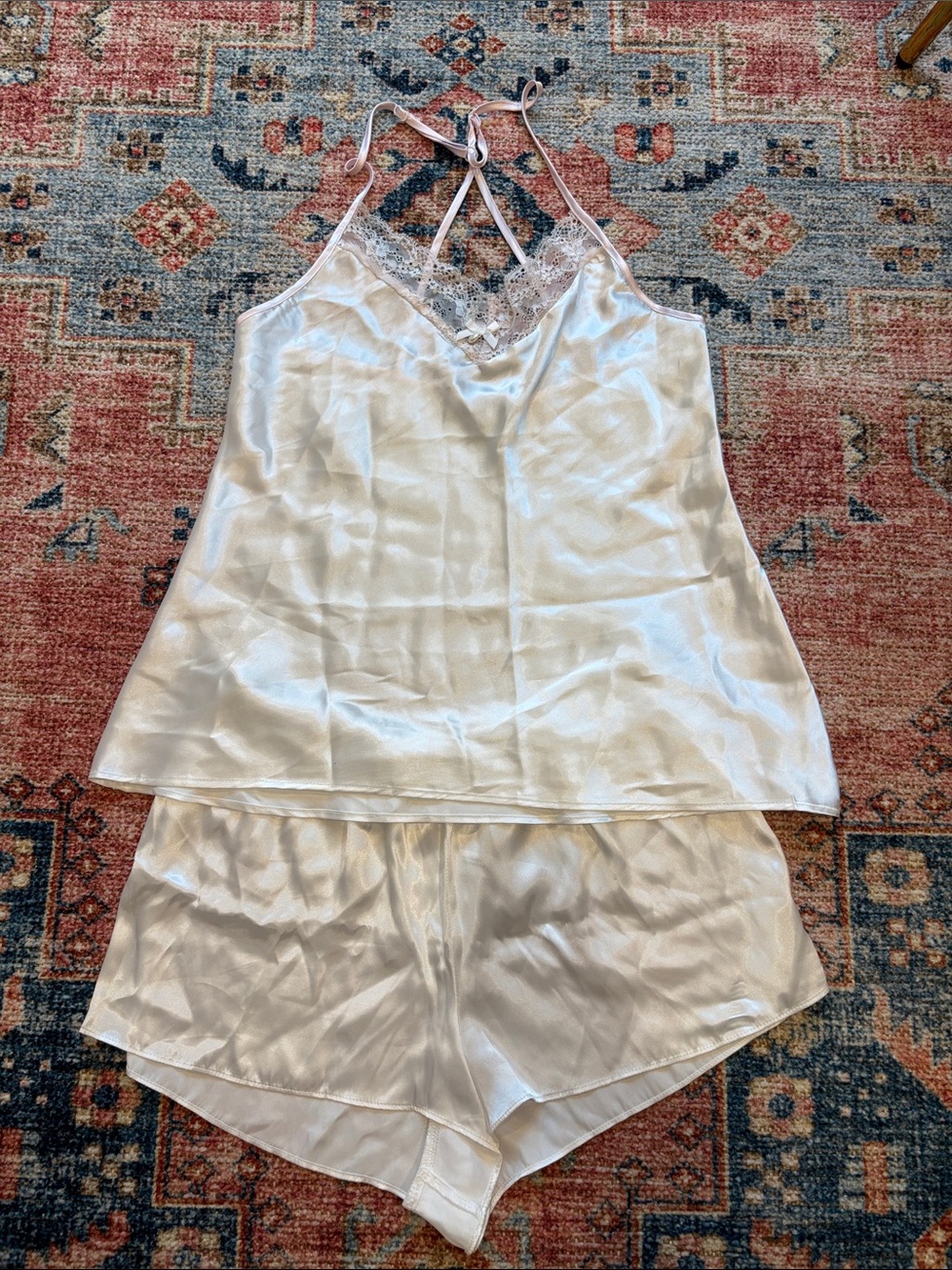 Bridal Silk-Feel White Lace Trim Cami, Robe and Short Sleep Set